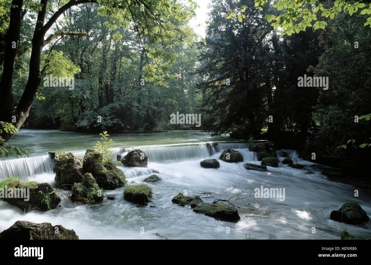 München, Englischer Garten, Wasserfall Stock Photo