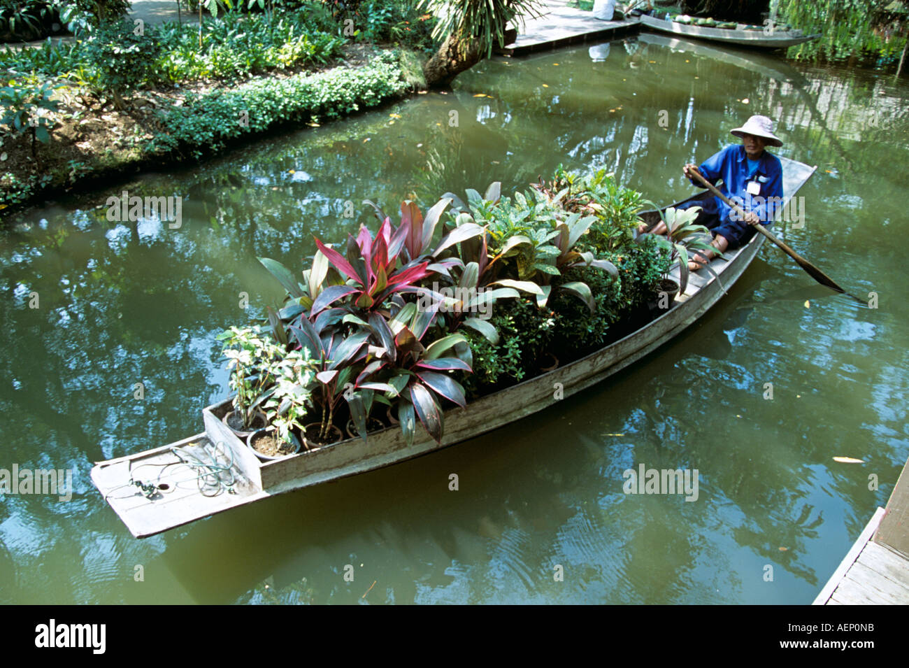 Lady rowing boat containing plants, Riverside Rose Garden, Sampran Nakorn Pathom, near Bangkok, Thailand Stock Photo