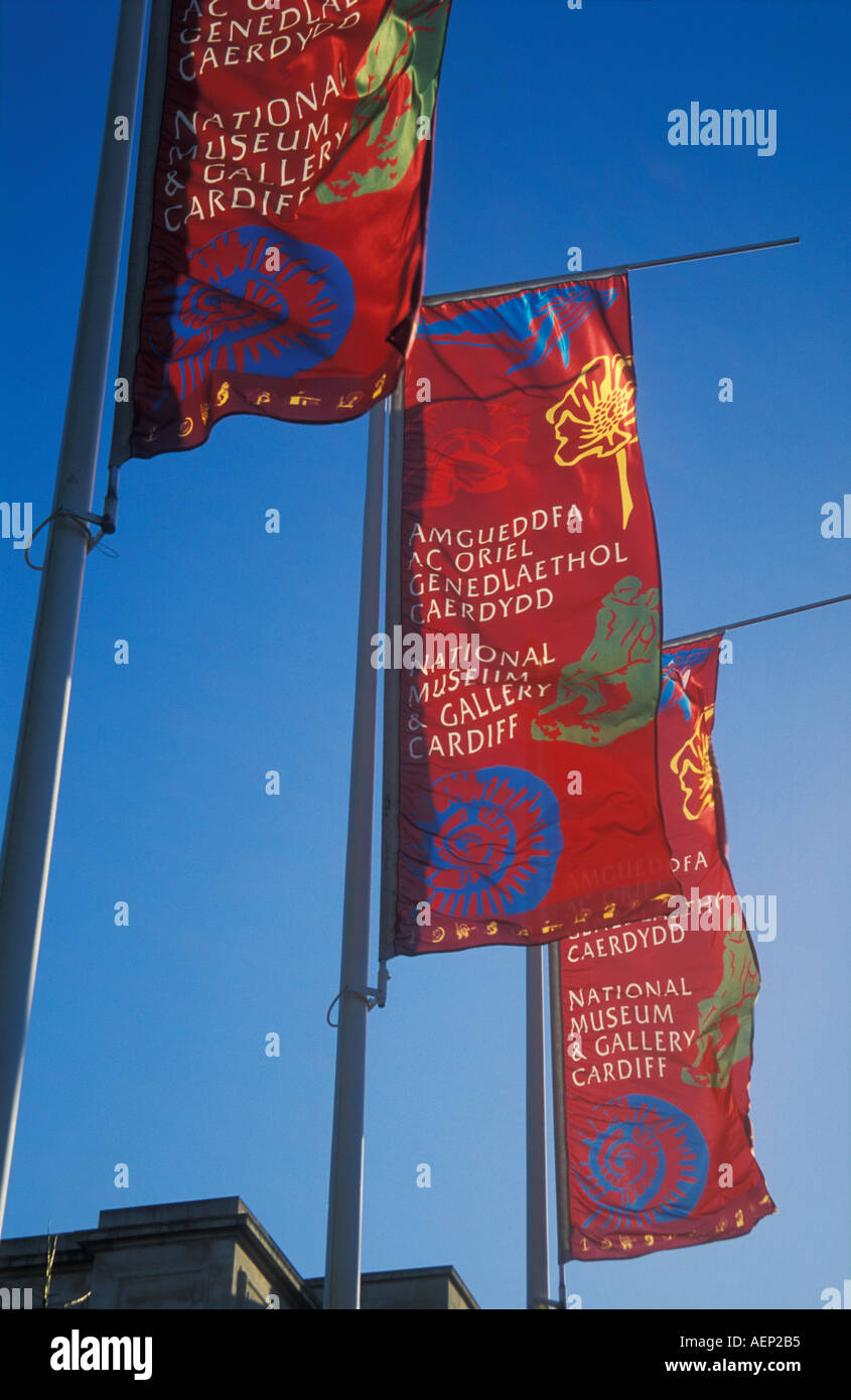 Flag banners advertising the National Museum of Wales in Cardiff city