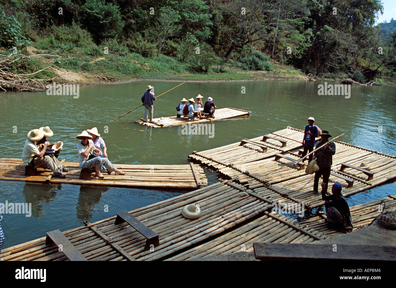 Tourists on bamboo rafts, Mae Ping River, Mae Ping, near Chiang Mai, Thailand Stock Photo