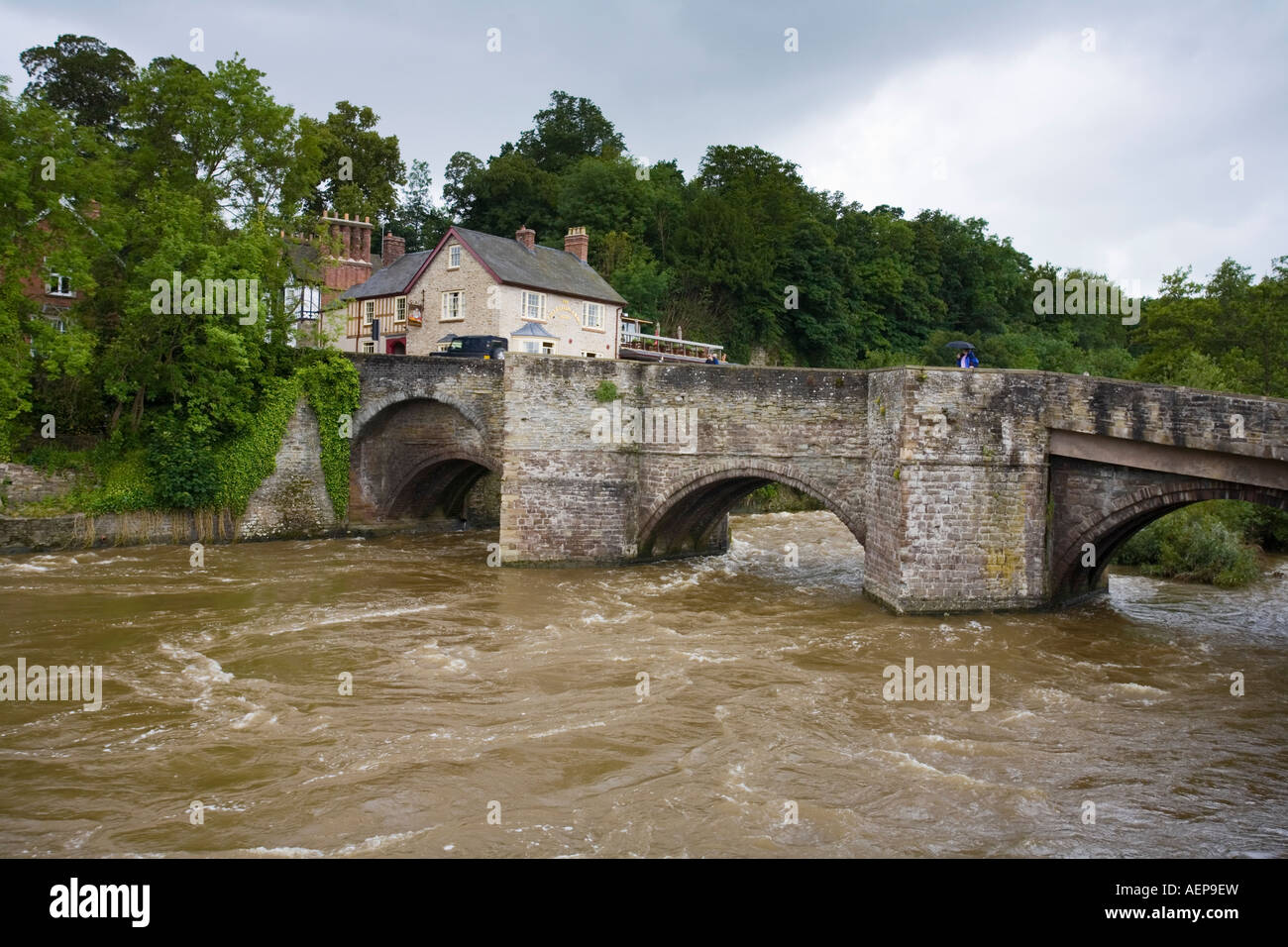 Flood waters on the River Corve at Ludlow after torrential rain and flooding of July 2007, UK Stock Photo