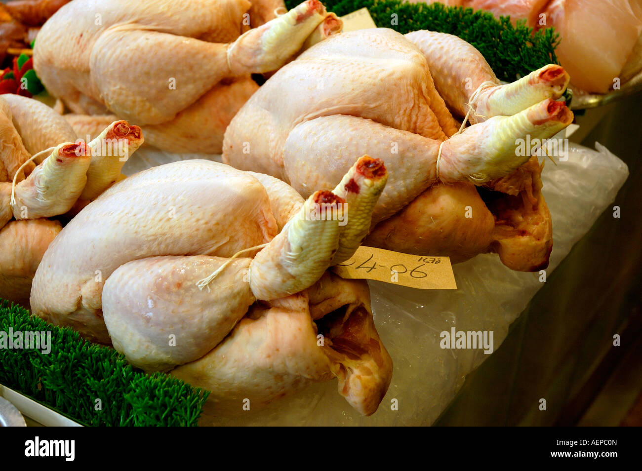 Dressed Uncooked Chickens for Sale In A Traditional English Butchers