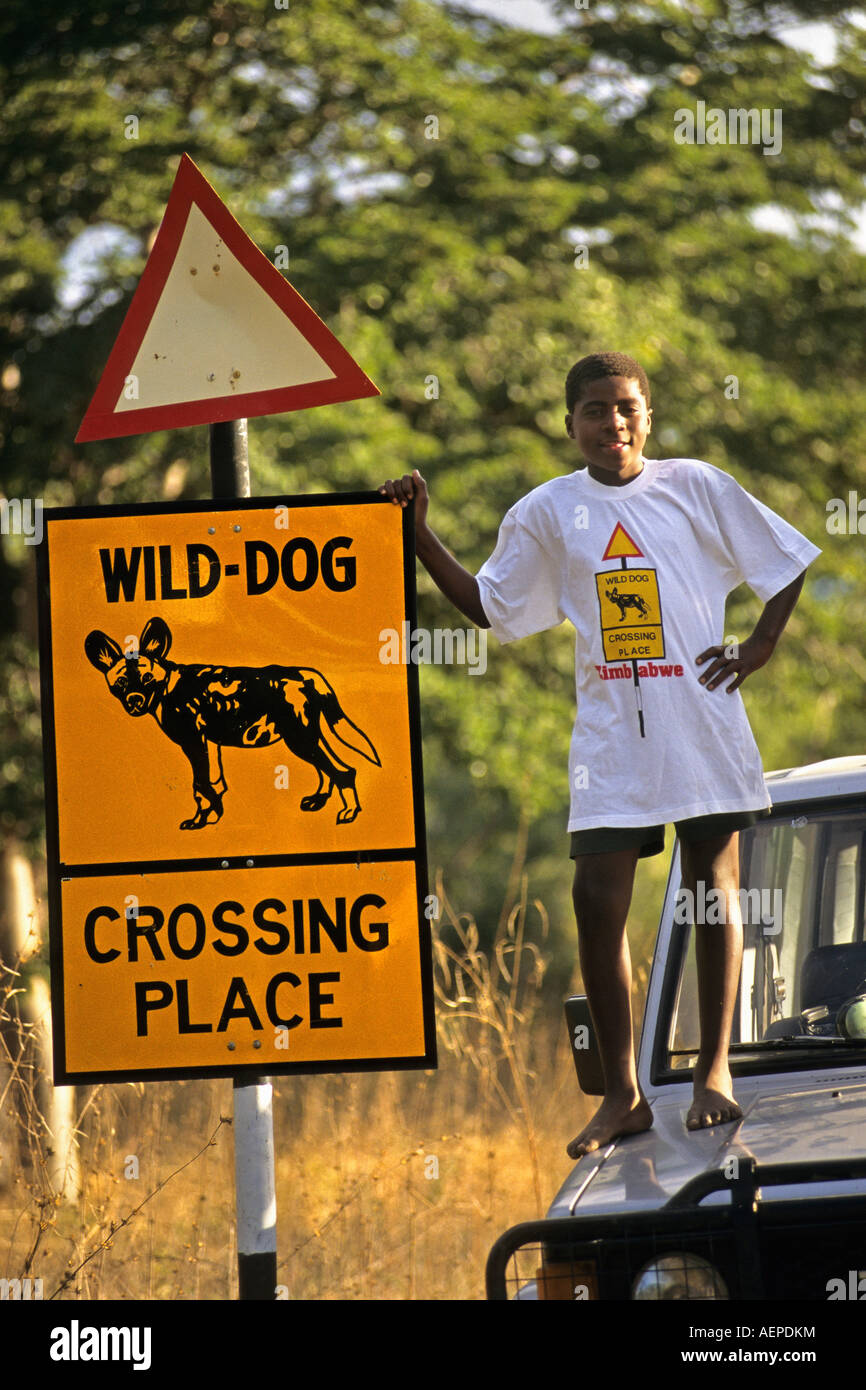 Zimbabwe Bulawayo, Road sign Crossing place of Painted hunting dog. Boy campaigning for protection Stock Photo