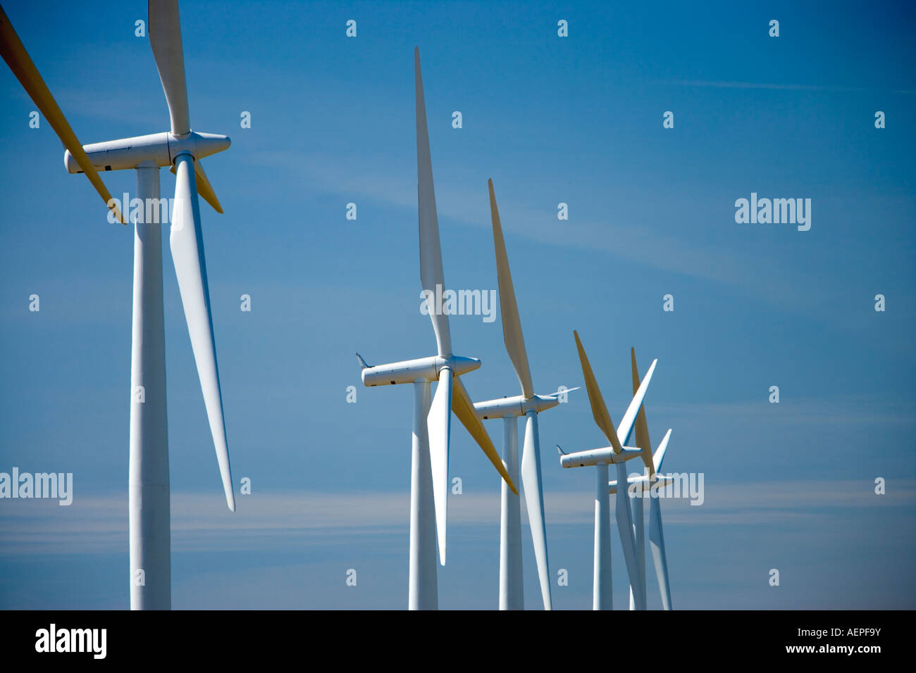 Generator wind farm blue sky clouds sherman county oregon hires stock