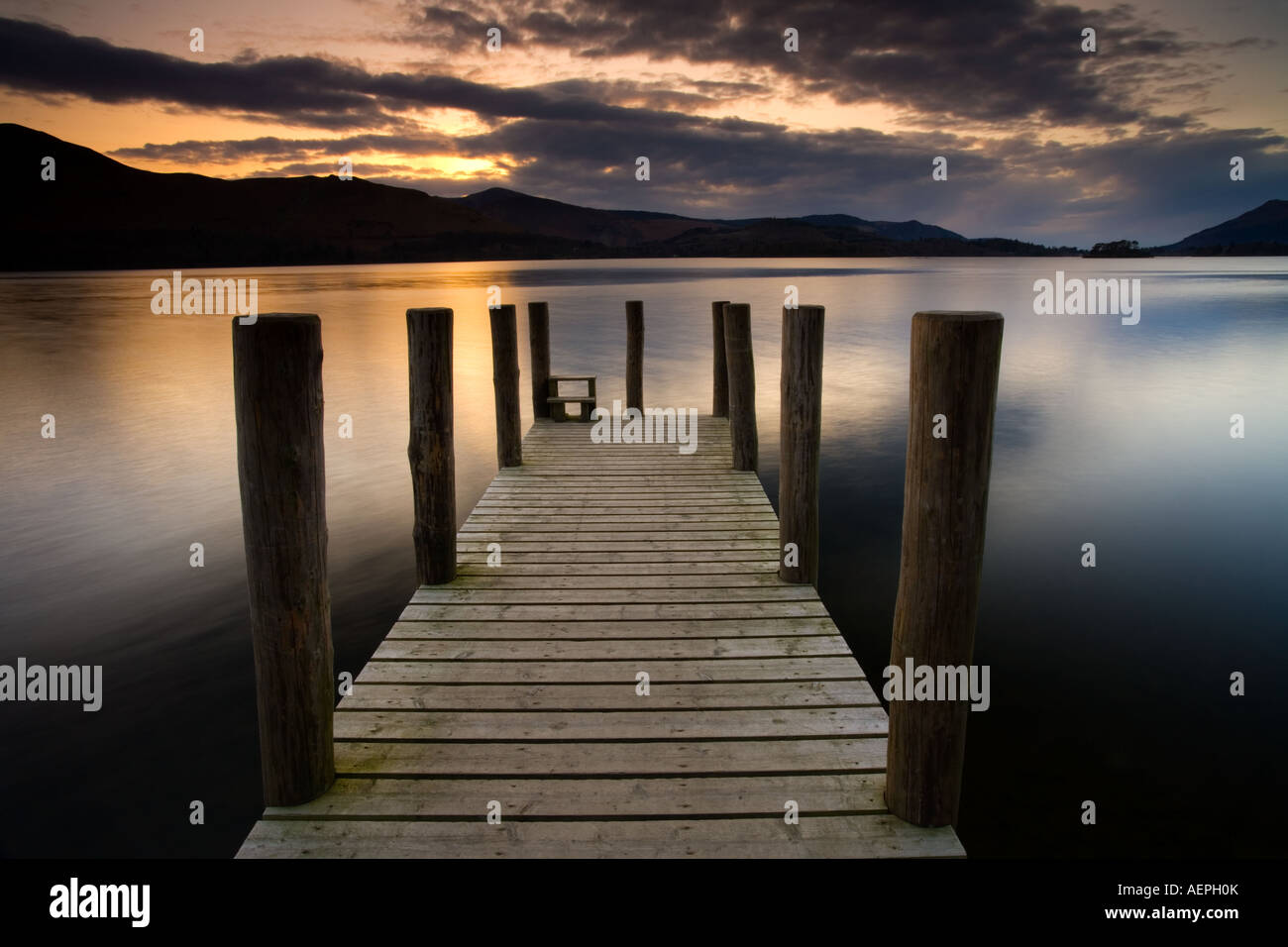 A wooden jetty stretches out into Derwent Water in the English Lake ...