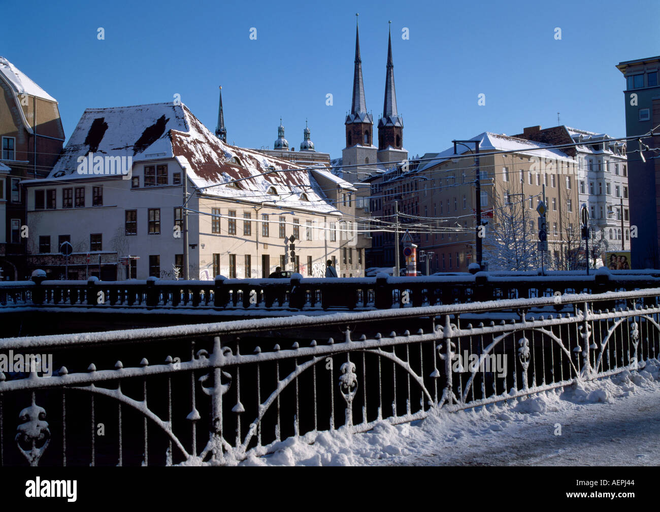 Halle, Blick von der Klausbrücke zu den '5 Türmen', Winter Stock Photo
