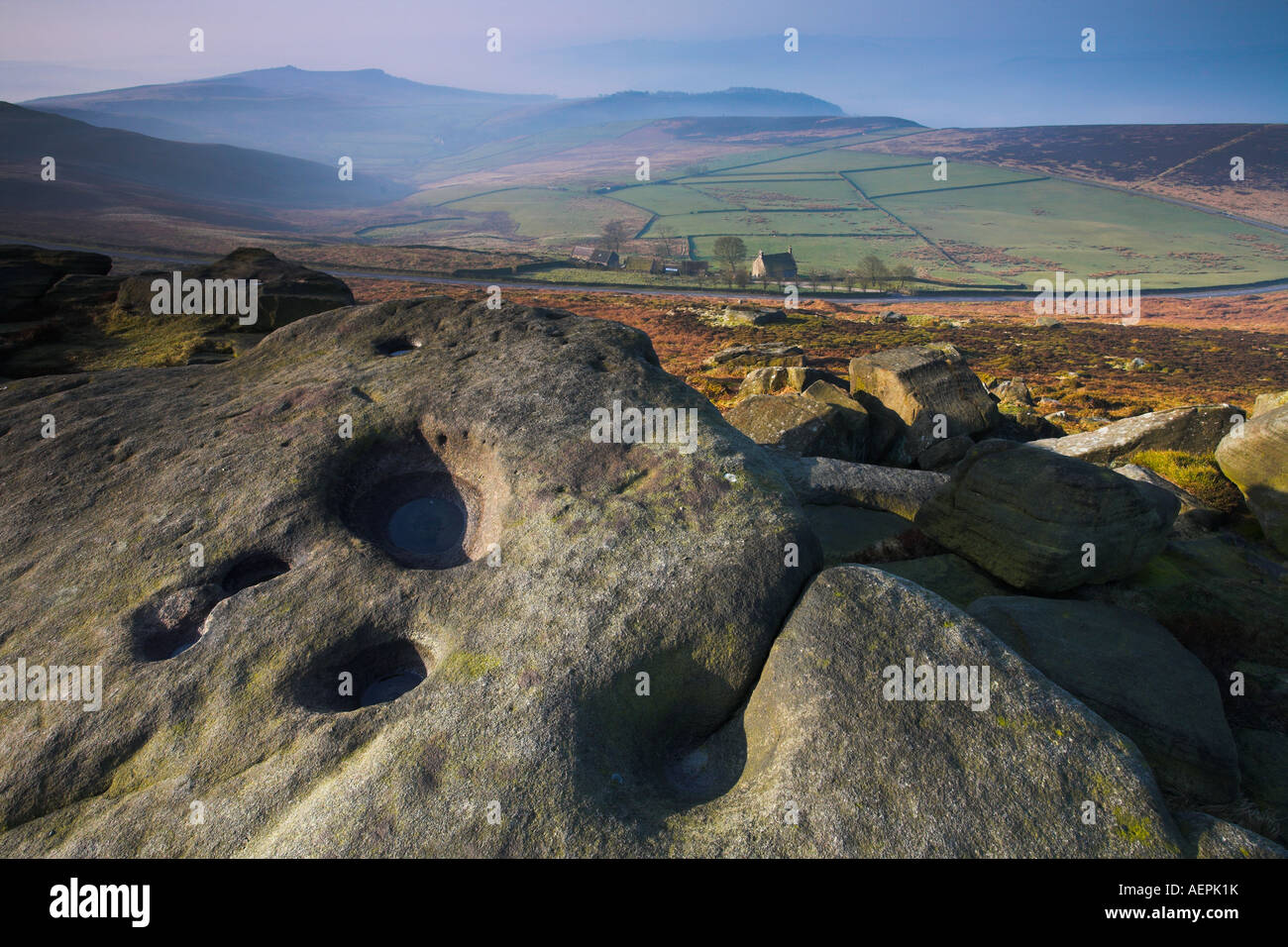 Looking down into Hope Valley from atop Stanage Edge Stock Photo