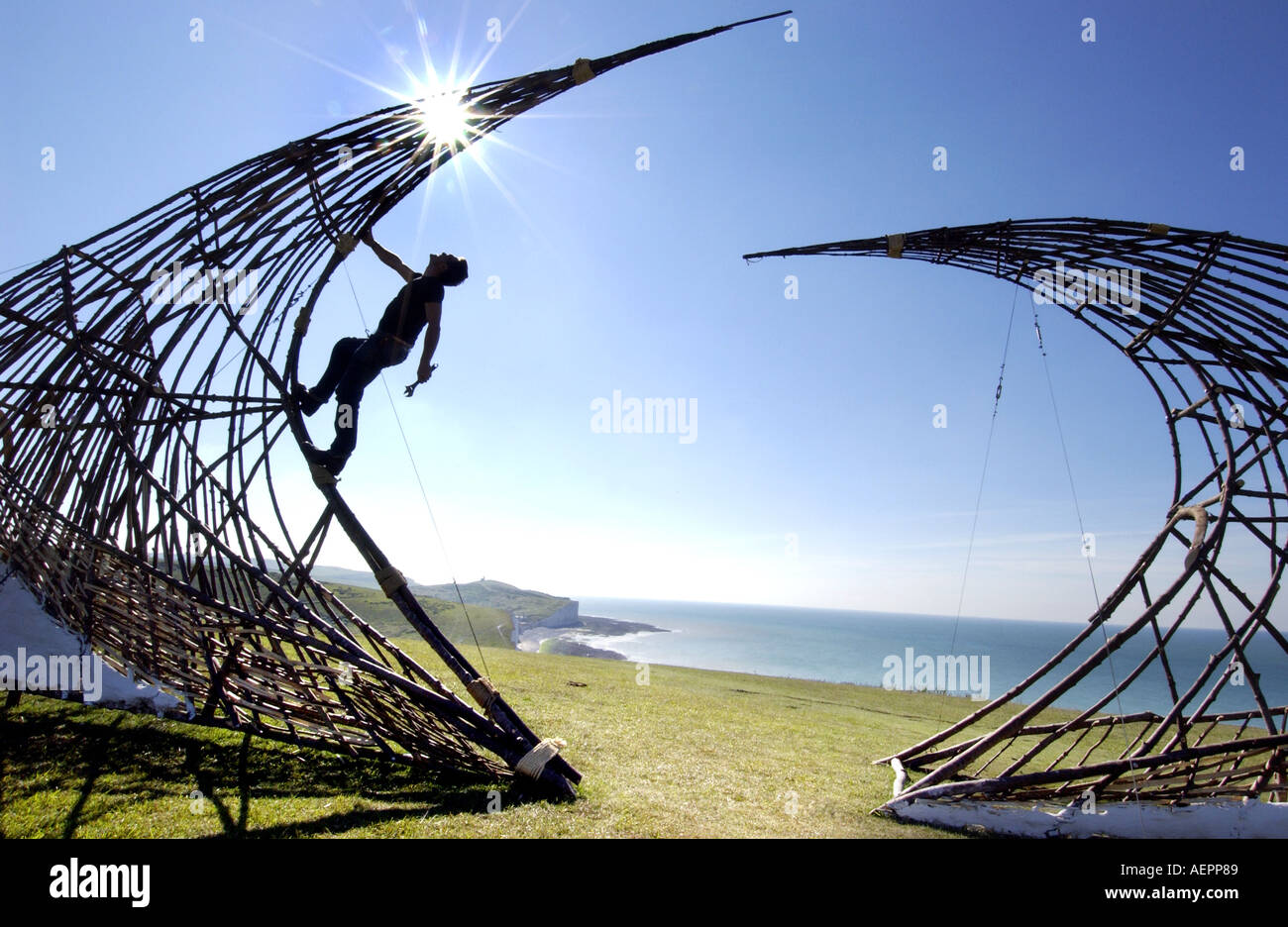 Eco friendly woven greenwood sculpture at Birling Gap on the South Downs Stock Photo