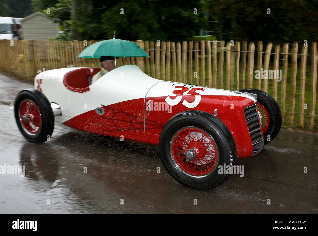 1935 MillerFord V8 and a very wet exit from the paddock at the