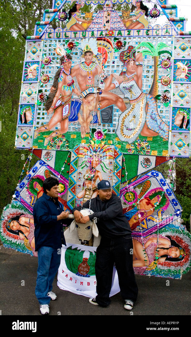 Large poster with paintings depicting the culture of Mexican Aztec Indians. Cinco de Mayo Fiesta. 'St Paul' Minnesota USA Stock Photo