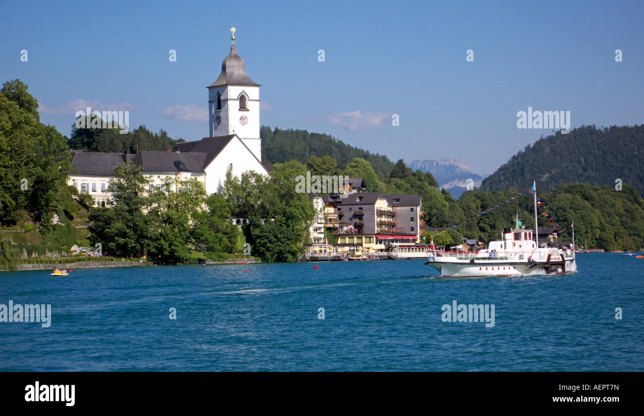 St. Wolfgang Austria with paddle steamer Kaiser Franz Josef 1 leaving the pier` Stock Photo