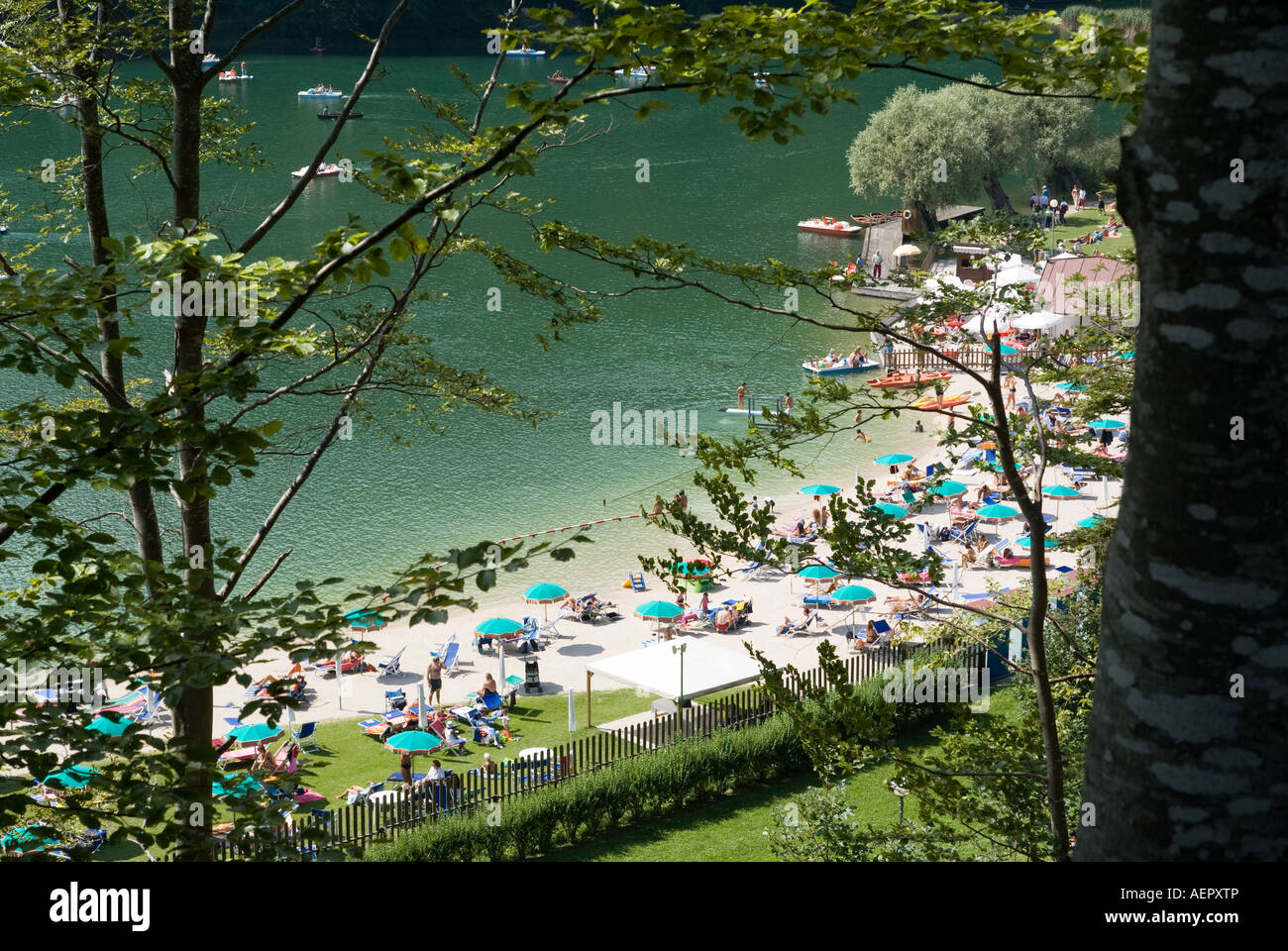 Sand beach at Lavarone Lake, Trentino Alto Adige, Italy. Stock Photo