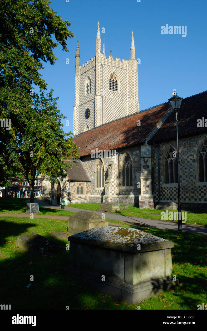 View of Reading Minster Church of St Mary the Virgin and churchyard Reading Berkshire England Stock Photo
