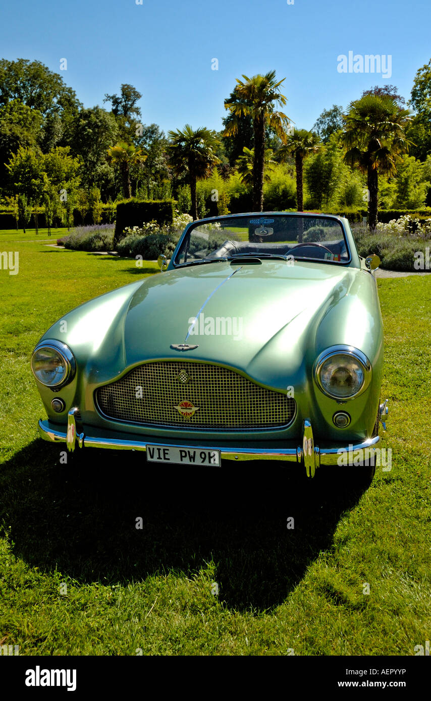 Aston Martin DB 2/4  with German registration plate and left hand drive on show in parkland with palm trees in background. Stock Photo
