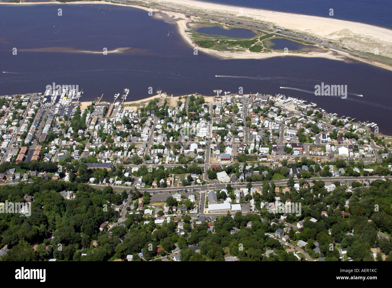 Aerial view of Atlantic Highlands and Sandy Hook, New Jersey, U.S.A