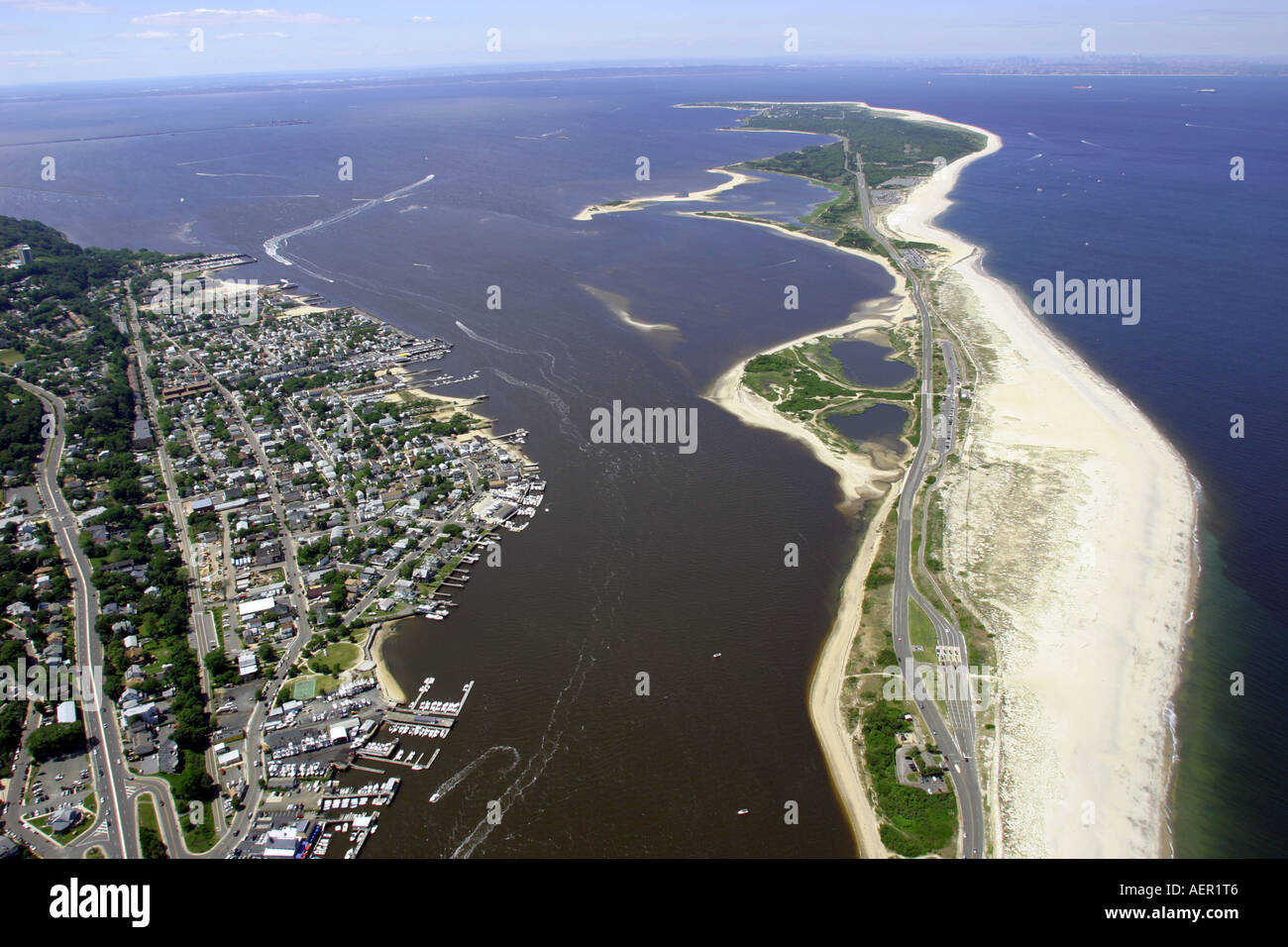 Aerial view of Atlantic Highlands and Sandy Hook, New Jersey, U.S.A