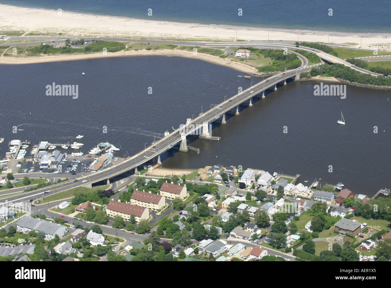 Aerial photograph of Rt. 36 Bridge over Shrewsbury River, Highlands, New Jersey, U.S.A. Stock Photo