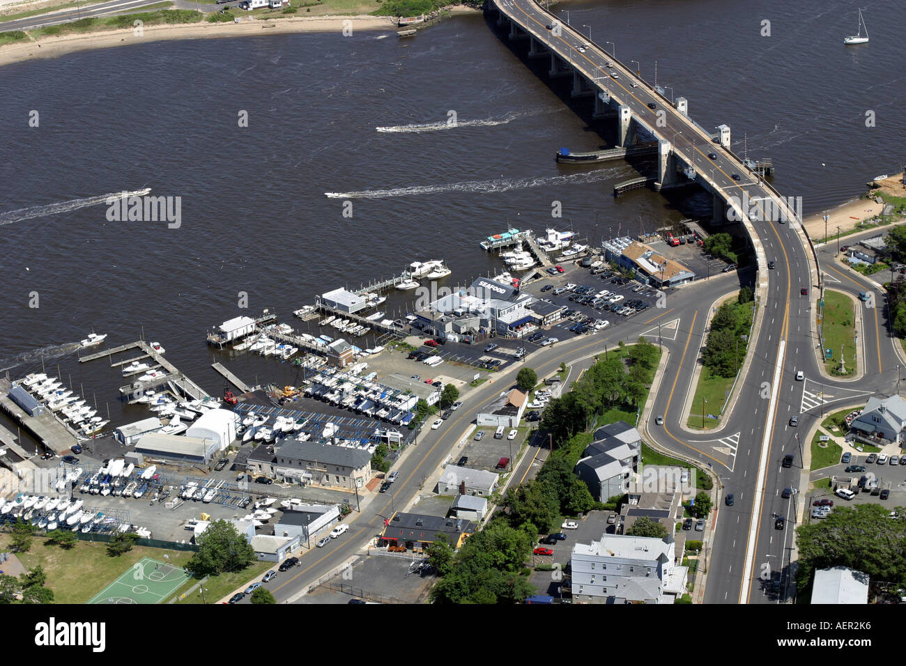 Aerial view of Highlands, New Jersey, and bridge over the Shrewsbury