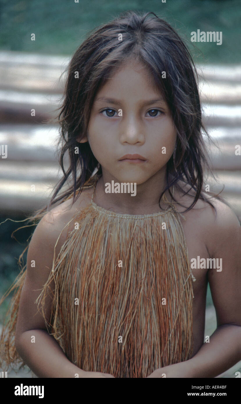 Portrait of a girl from the Yagua Tribe in the Amazon region of Peru Stock Photo