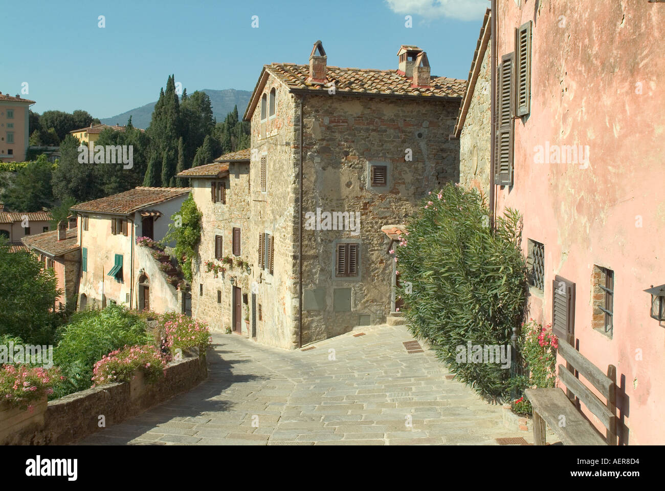 Tuscany Italy The medieval town of il Borro in Tuscany Italy with a view of the Pratomagno mountains Stock Photo