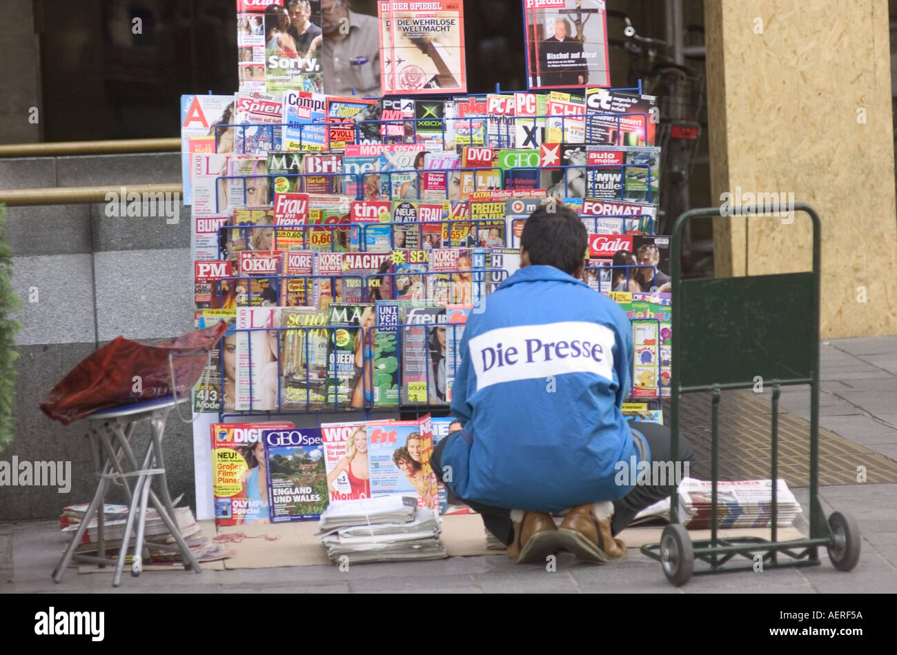 August 21st 2004 Vienna Austria A newspaper and magazine vendor in