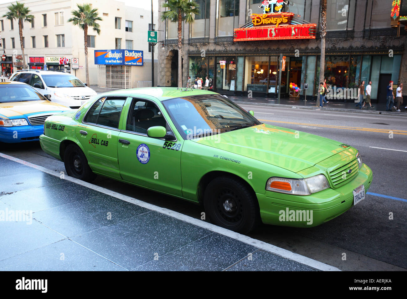 Green taxi cab Hollywood Boulevard, Los Angeles, California, USA Stock