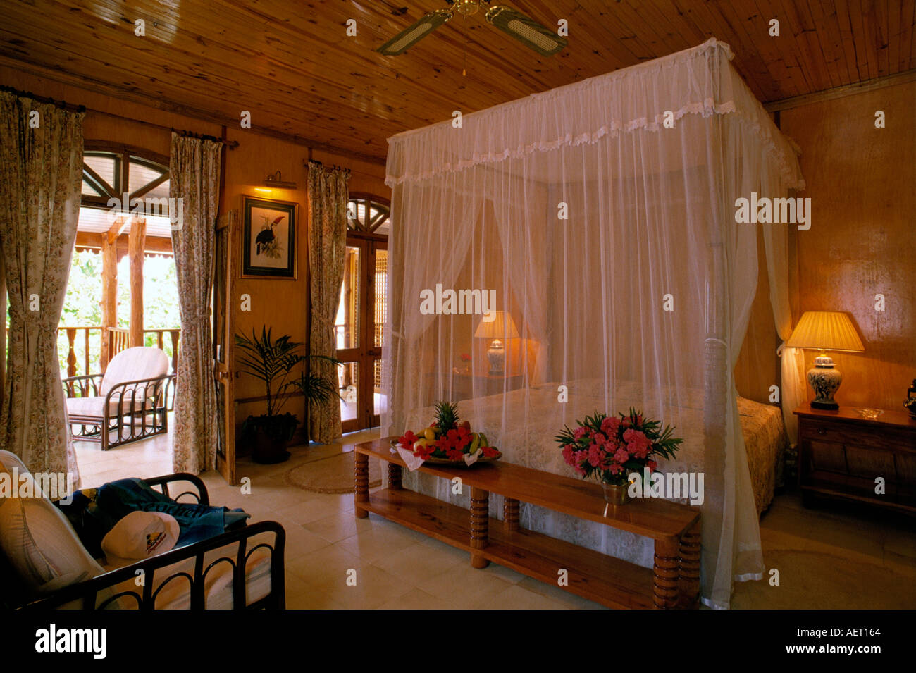 bedroom of hotel la reserve praslin island seychelles editorial use only Stock Photo