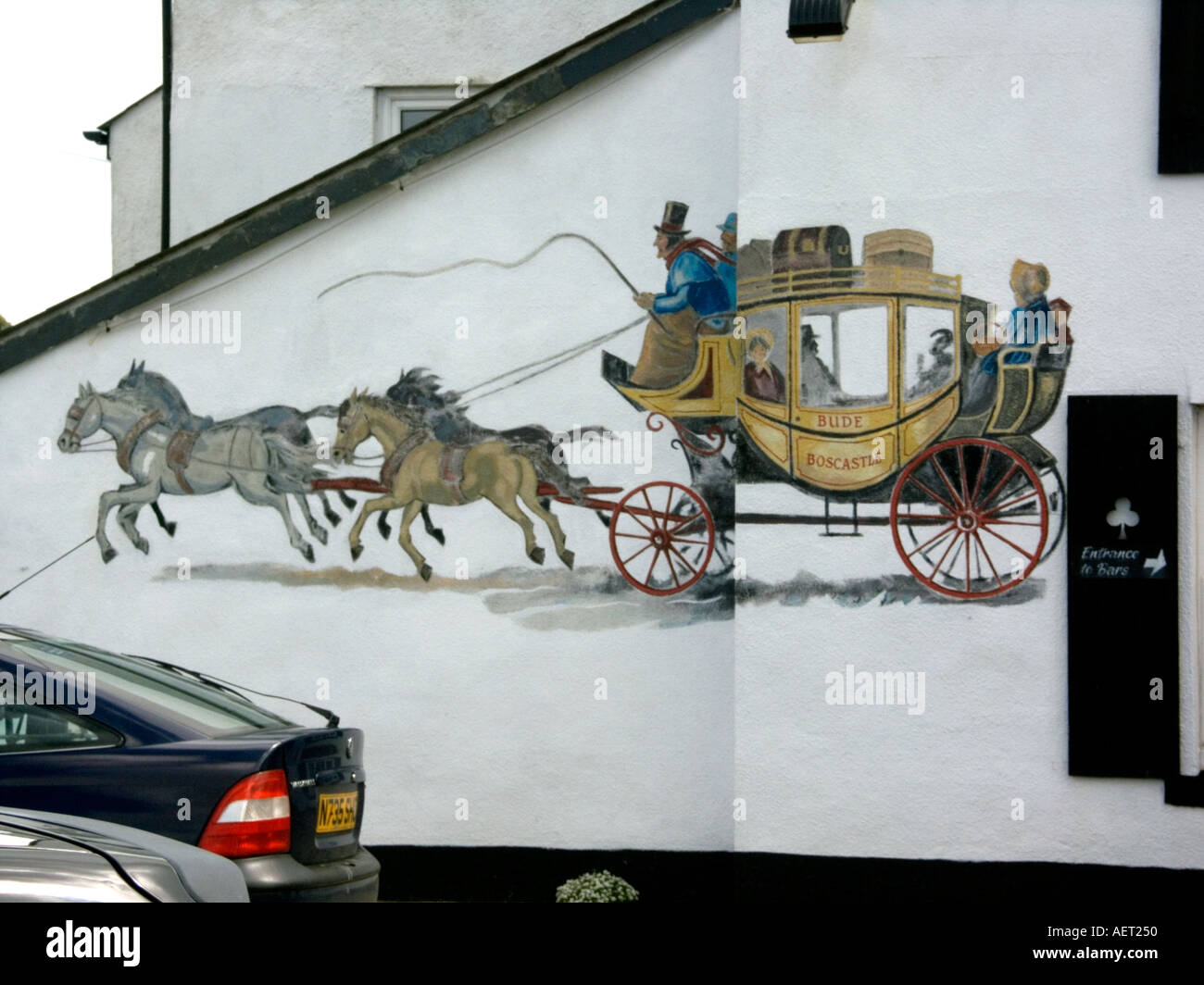 Coach and Horses mural on the wall of The Old Wainhouse Inn, St Gennys, North Cornwall, Kernow, England, UK, Stock Photo