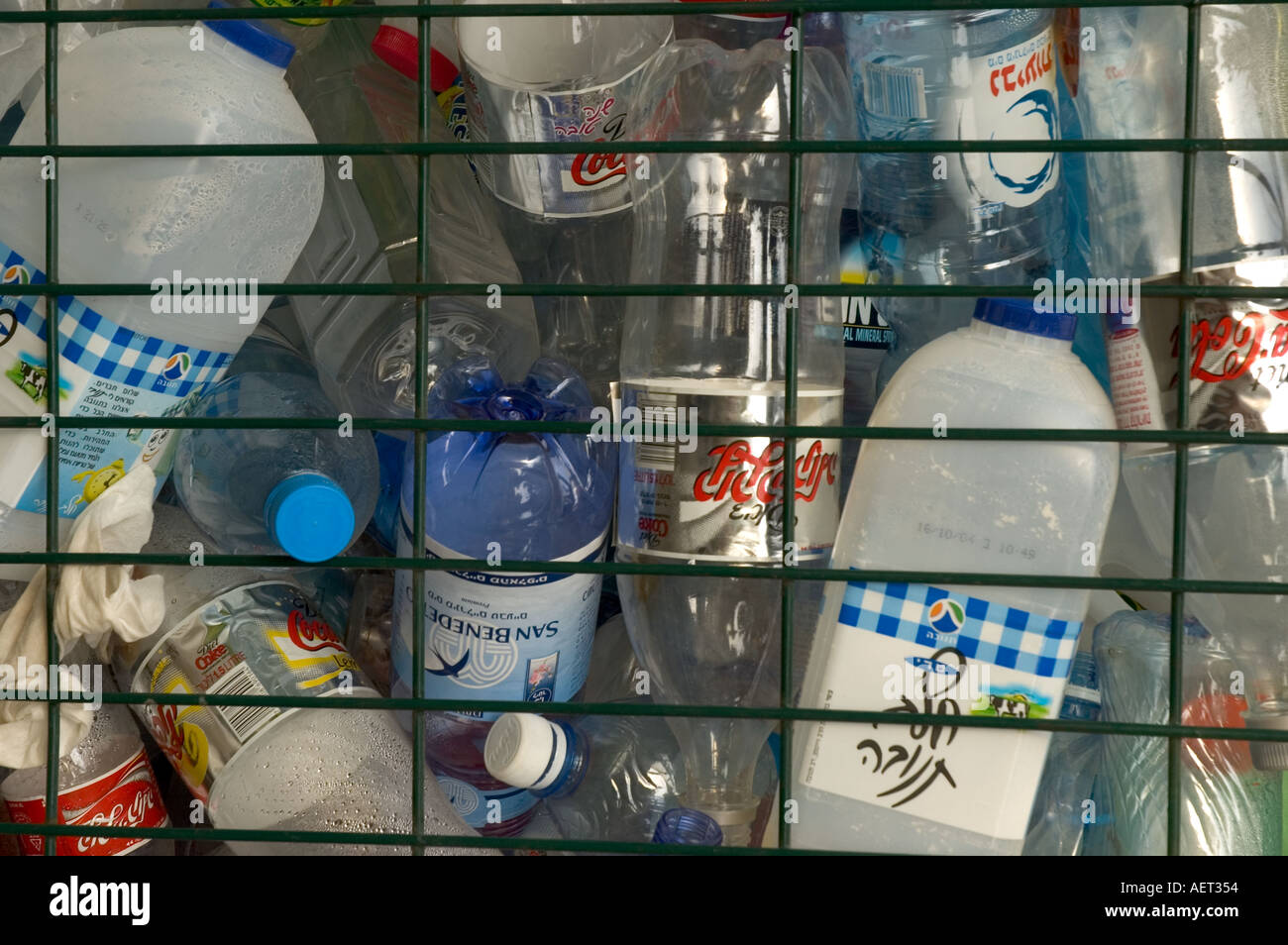 israel many plastic bottles in a collection container for recycling