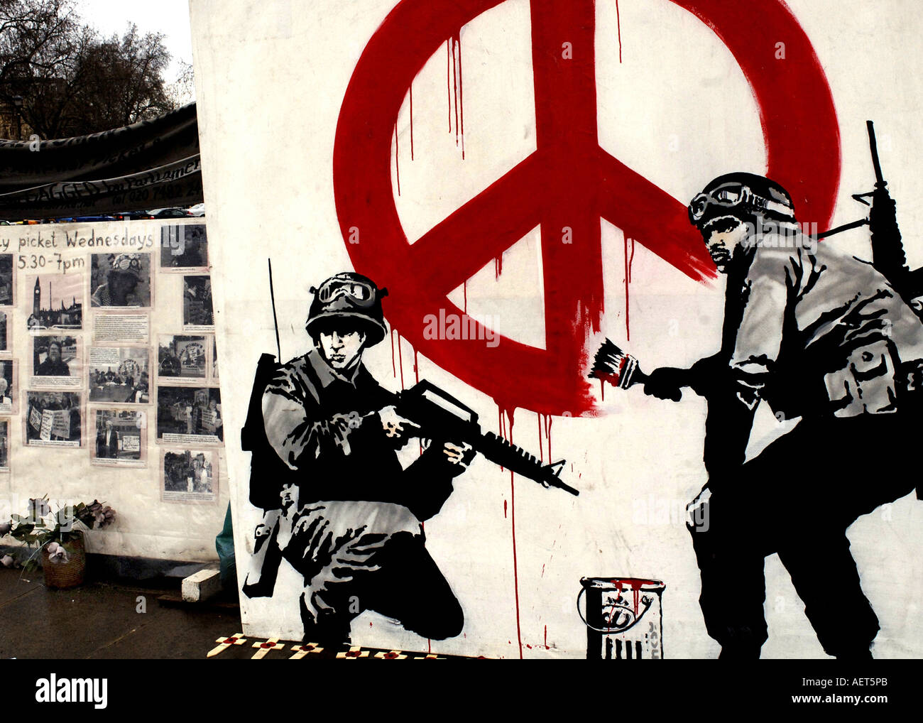 War protest art banners and poster displayed outside Westminster in
