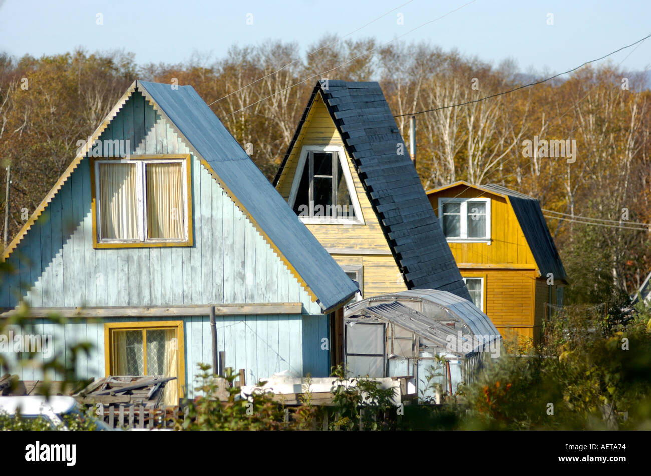Traditional Russian dachas in the countryside on Sakhalin Island in ...