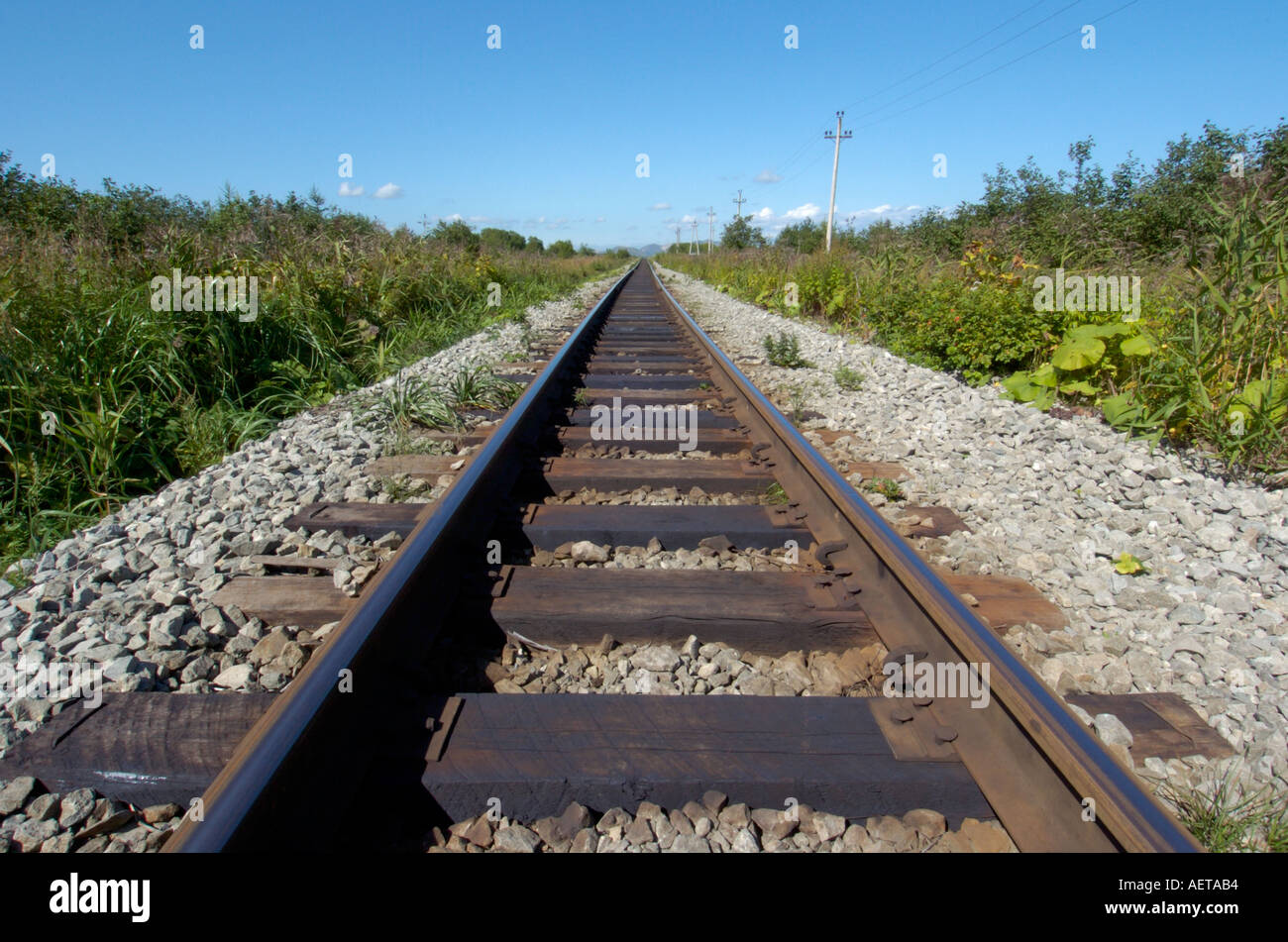 The north south single track railway line built by the Japanese on Sakhalin Island in Russia 2005 Stock Photo