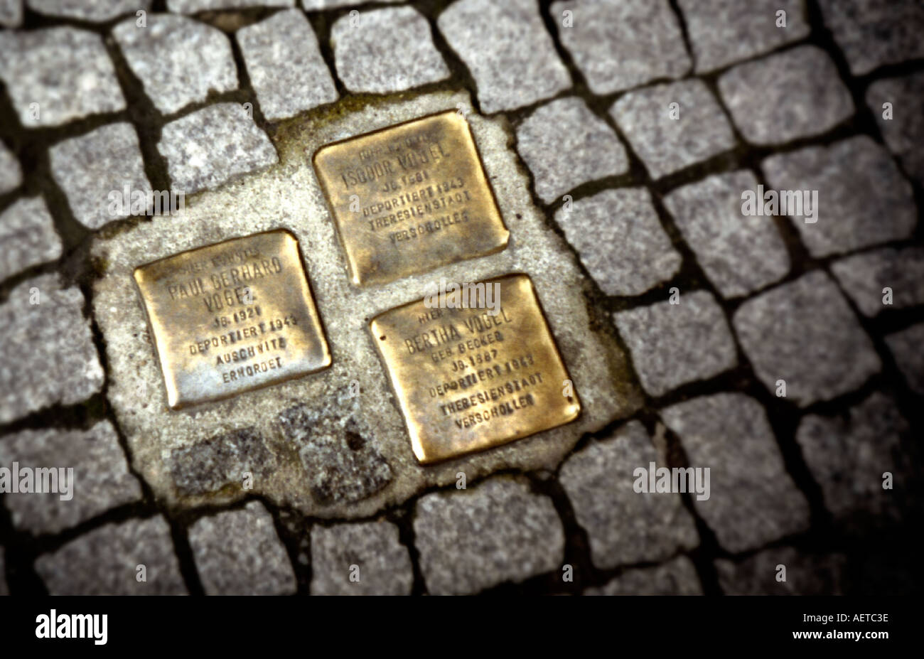 Holocaust memorial plaques (Stolperstein) for Jewish victims of the Nazis in WW2 embedded in the pavement in Hackescher Markt, Berlin, Germany Stock Photo
