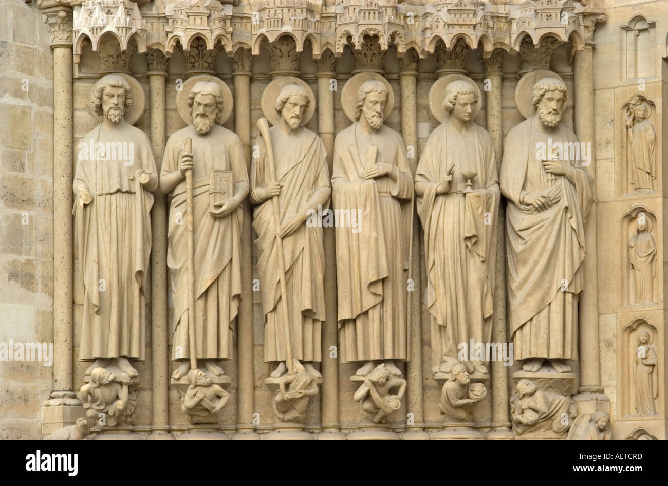 Paris, France. Notre Dame Cathedral. Statues of Saints to the right of the central door Stock Photo