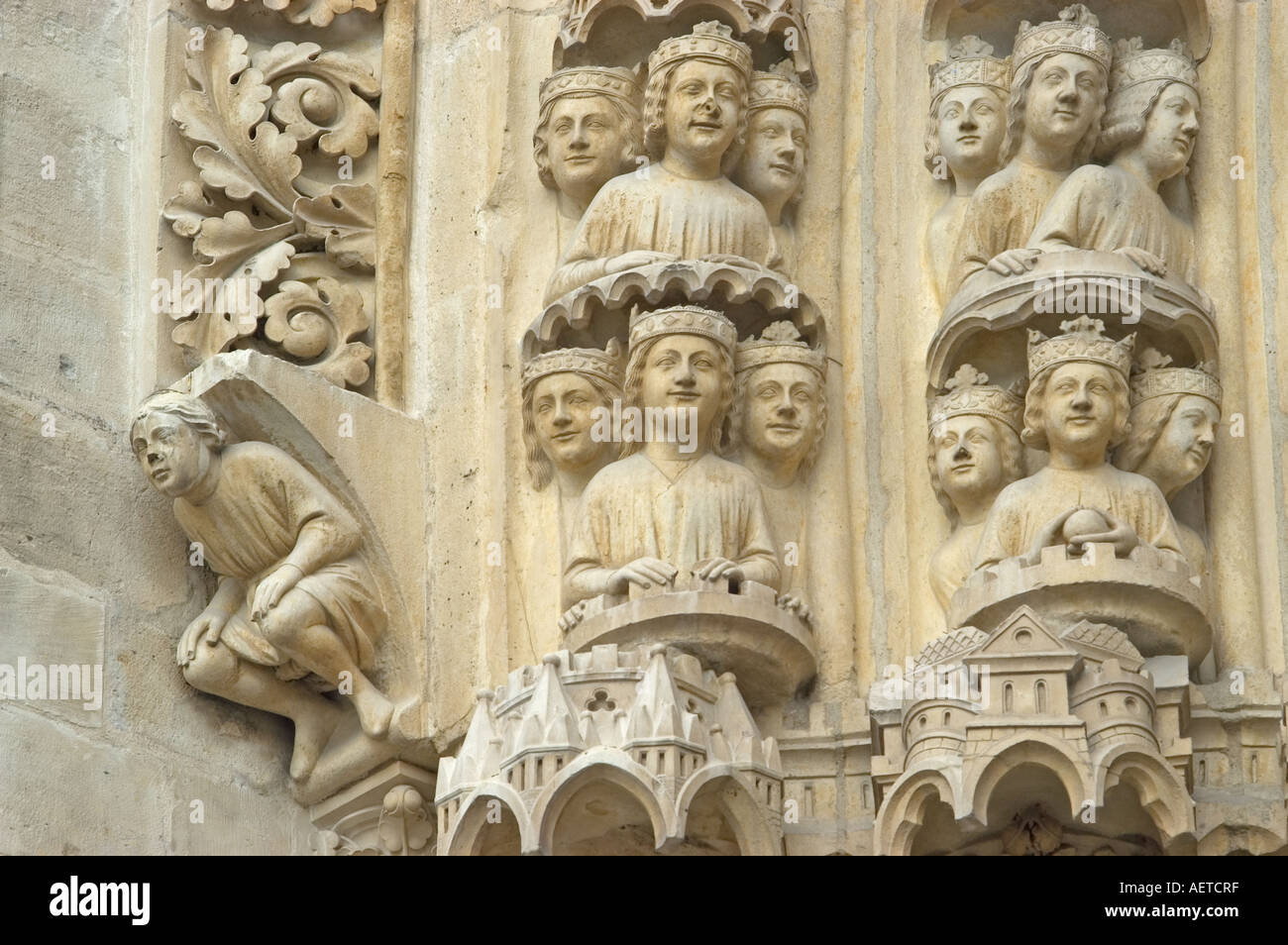 Paris, France. Cathedral of Notre Dame. Detail of figures to the left of Main Door or Porte de Jugement Stock Photo