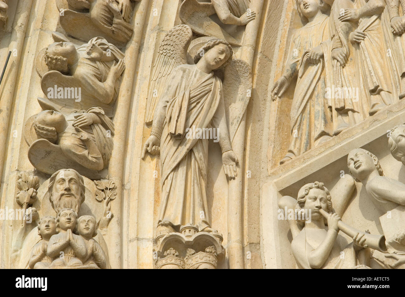 Paris, France. Cathedral of Notre Dame. Detail of figures to the left of Main Door or Porte de Jugement Stock Photo