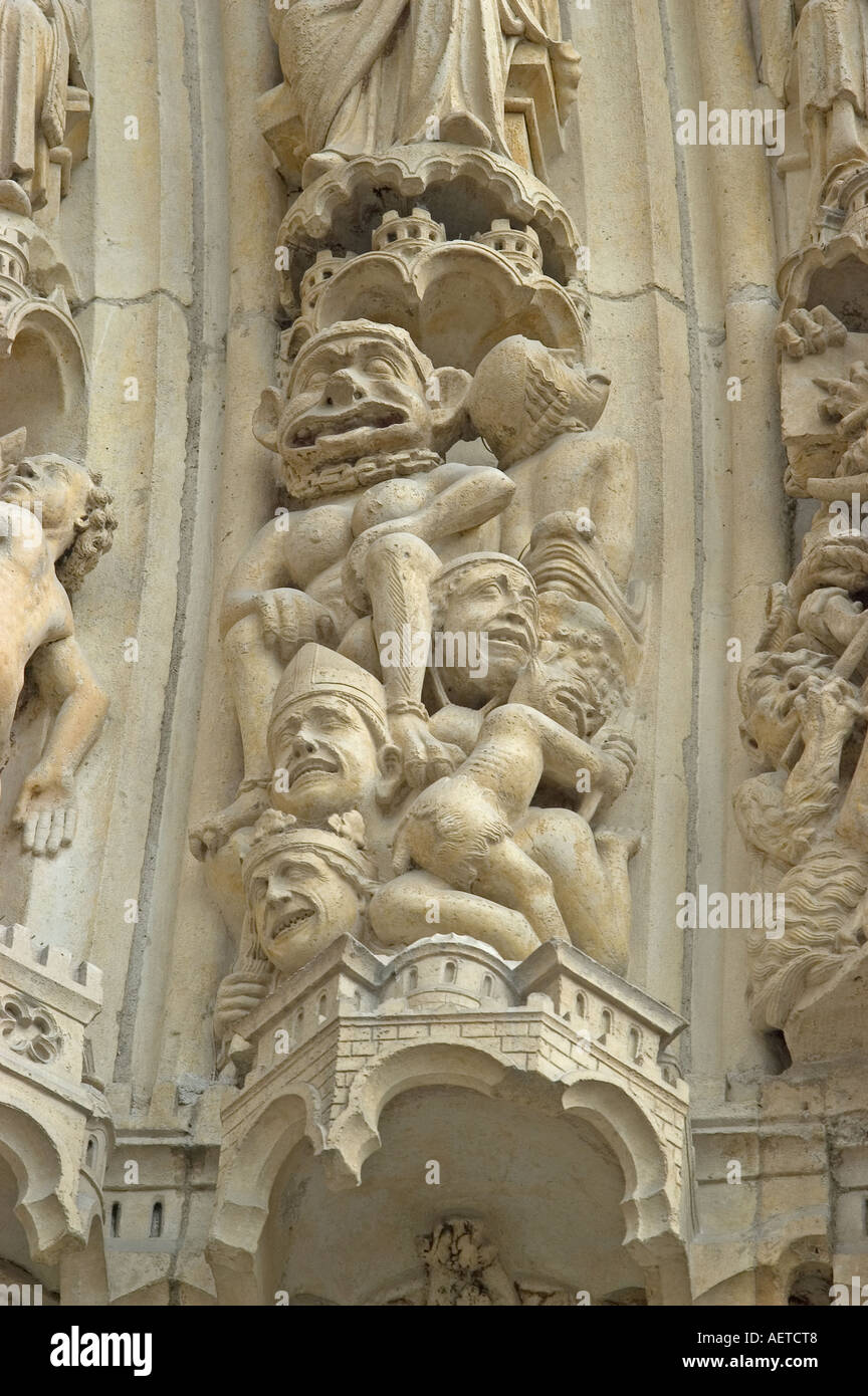 Paris, France. Notre Dame Cathedral Detail of carved figures in the central portal Stock Photo