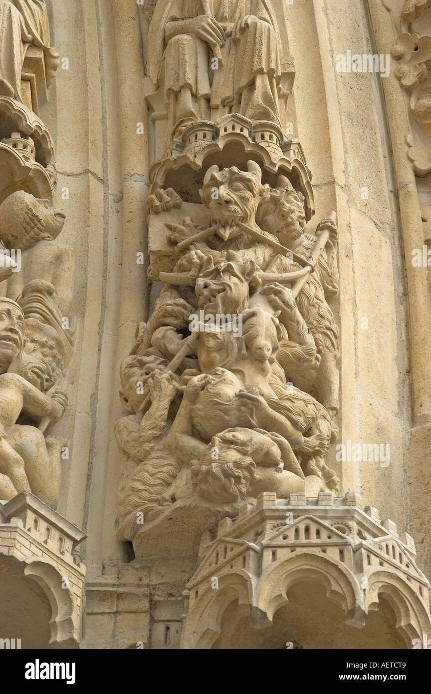 Paris, France. Notre Dame Cathedral Detail of carved figures in the central portal Stock Photo