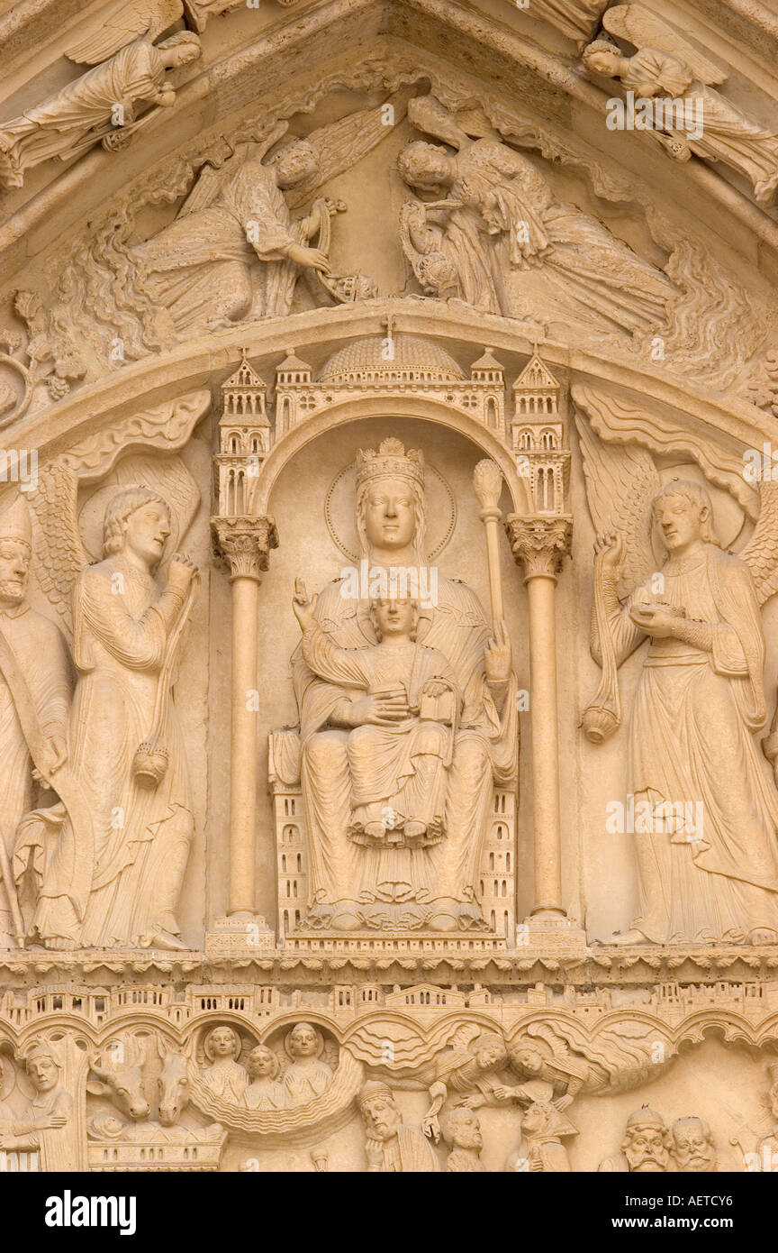 Paris, France. Notre Dame Cathedral. Detail of carved figures in the portal of the right door or Porte de St Anne Stock Photo