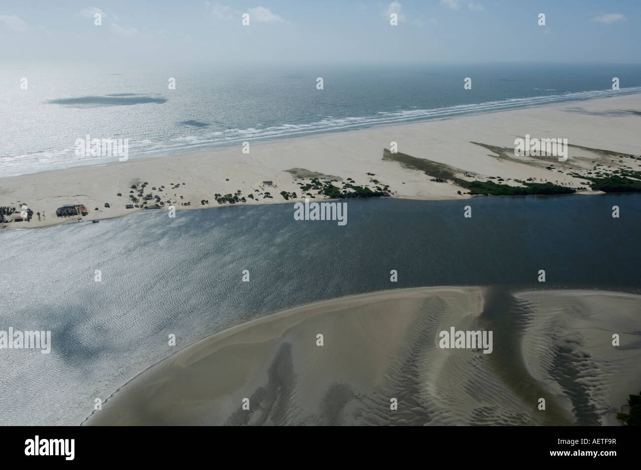 Aerial view of the village of Cabure, between Rio Preguicas and the sea ...