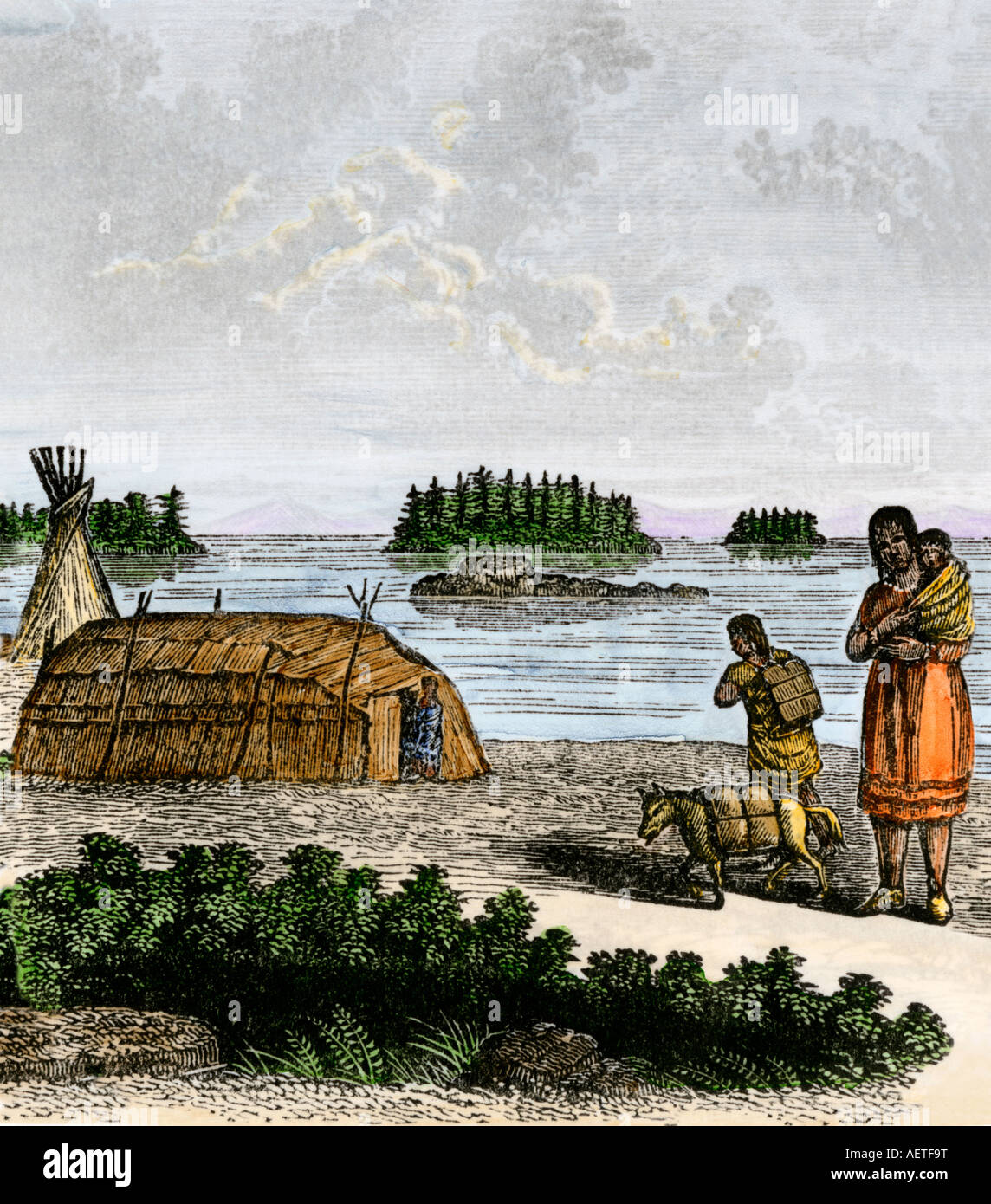 Native American buffalo skin tipi and birchbark lodge Lake of the Woods Minnesota early 1800s. Hand-colored woodcut Stock Photo