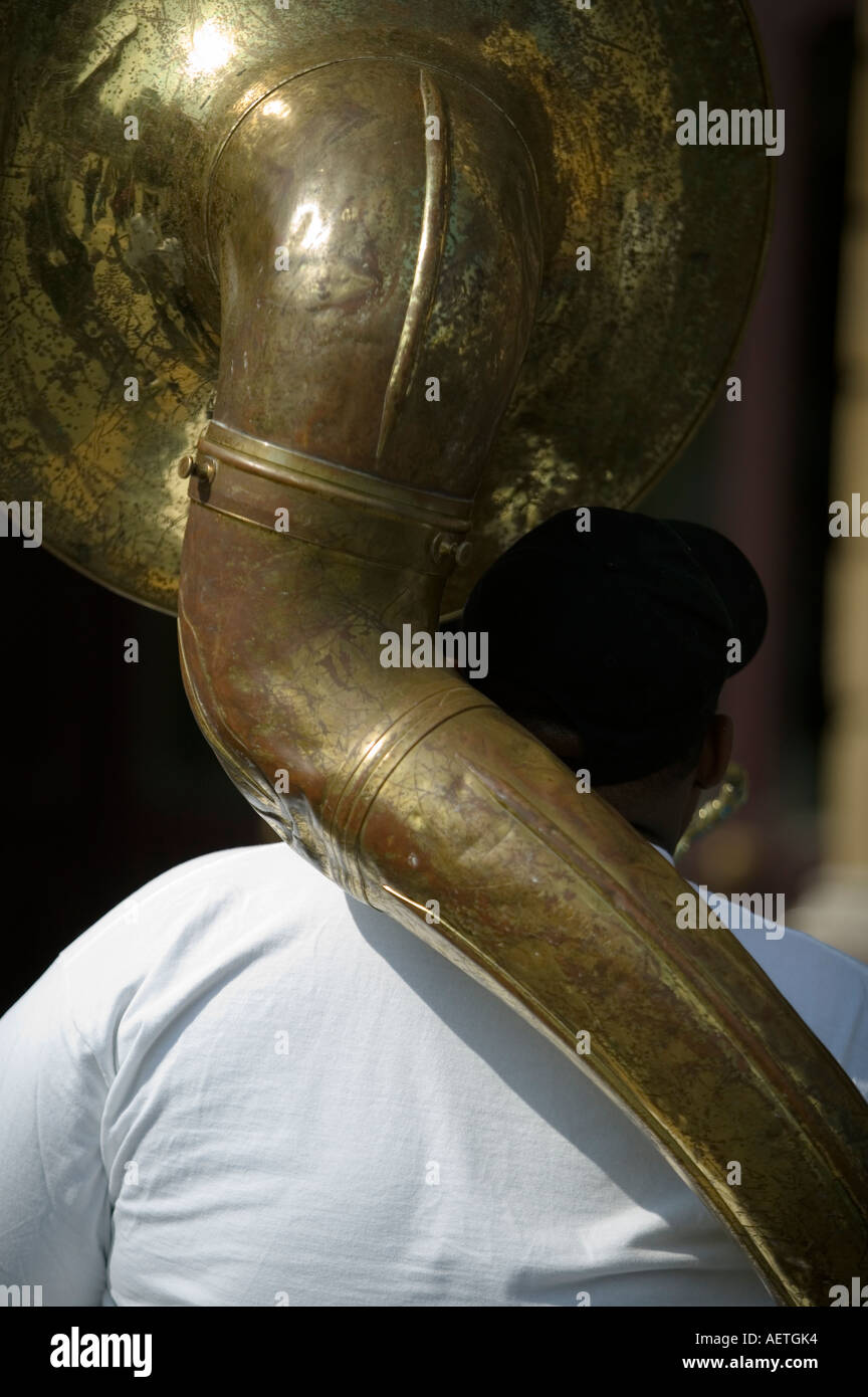 Member of New Birth jazz band playing sousaphone in Bilbao Stock Photo