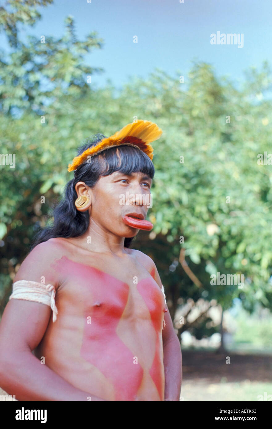 Suya Indian man with lip plate Xingu Brazil South America Stock Photo