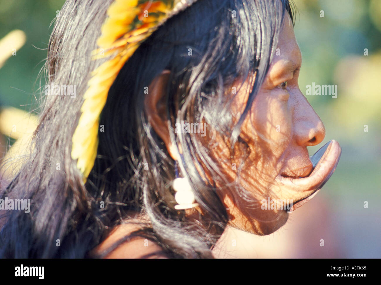 Portrait of a Suya Indian with lip plate Brazil South America Stock Photo