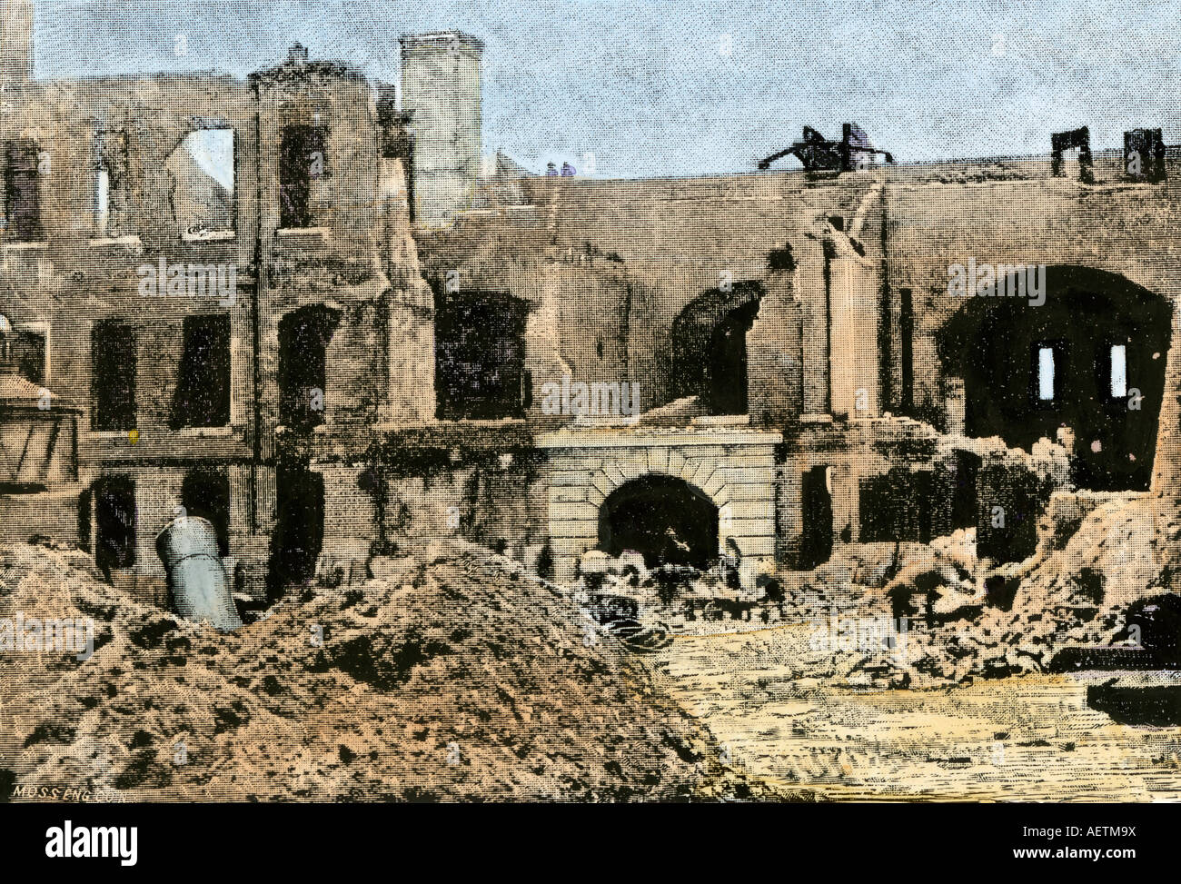 Interior ruins of Fort Sumter after Confederate bombardment beginning the Civil War 1861. Hand-colored halftone of a photograph Stock Photo