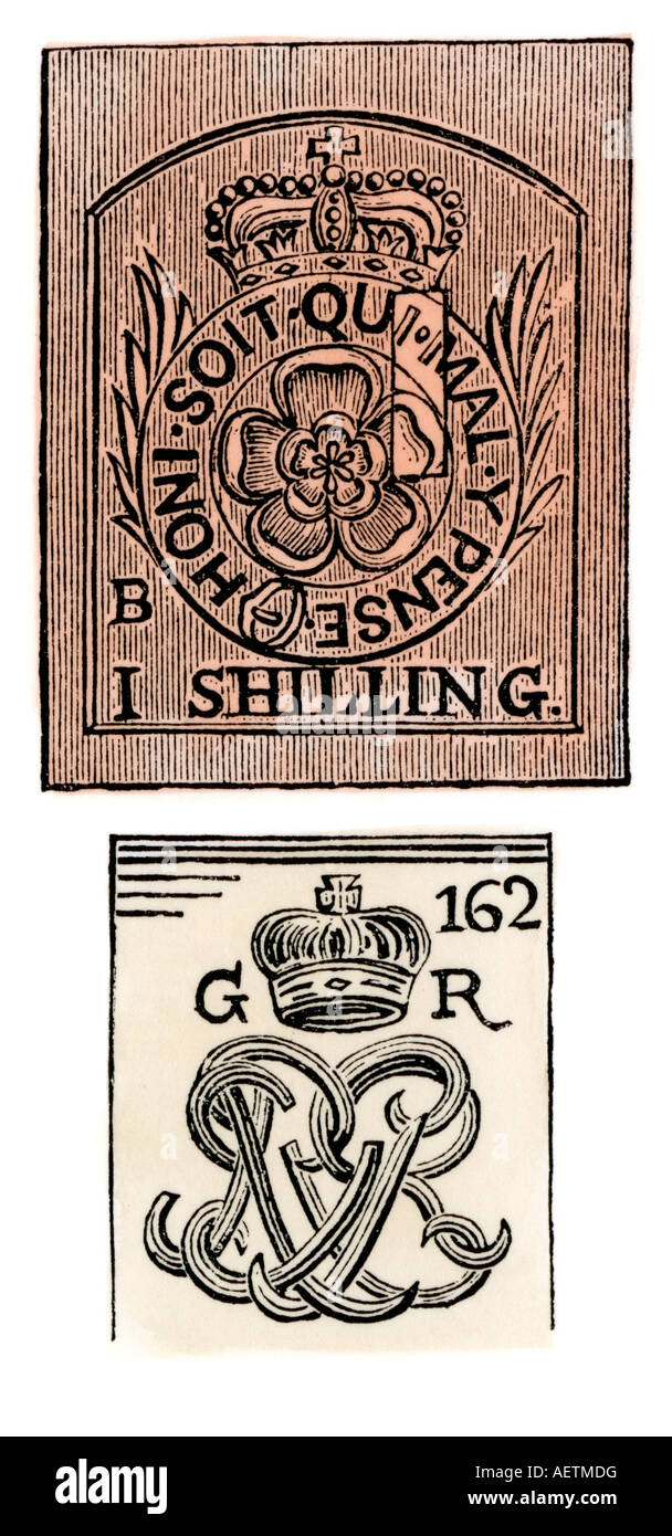 Stamp Act stamps issued by the British government before the American Revolution. Hand-colored woodcut Stock Photo