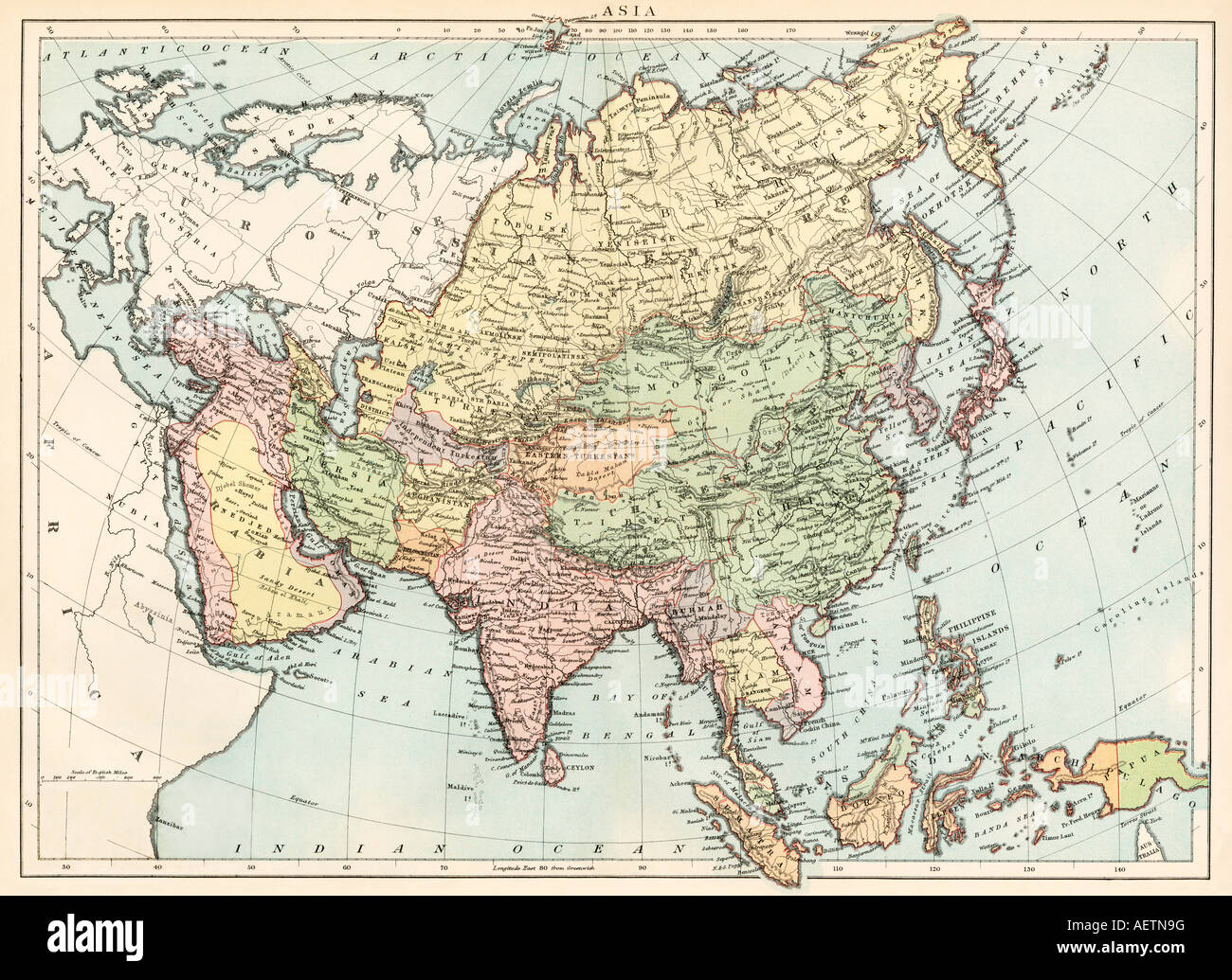 Map of Asia circa 1870. Color lithograph Stock Photo