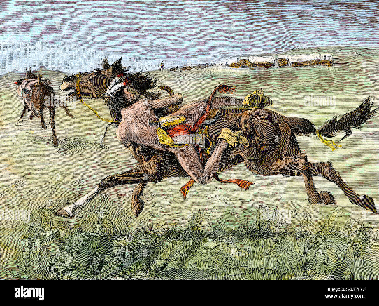 Wagon train attacked by Indians on the Great Plains. Hand-colored woodcut of a Frederic Remington illustration Stock Photo