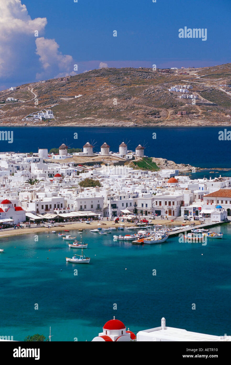 Aerial view of Mykonos Hora and harbour Mykonos Mikonos Cyclades islands Greece Mediterranean Europe Stock Photo