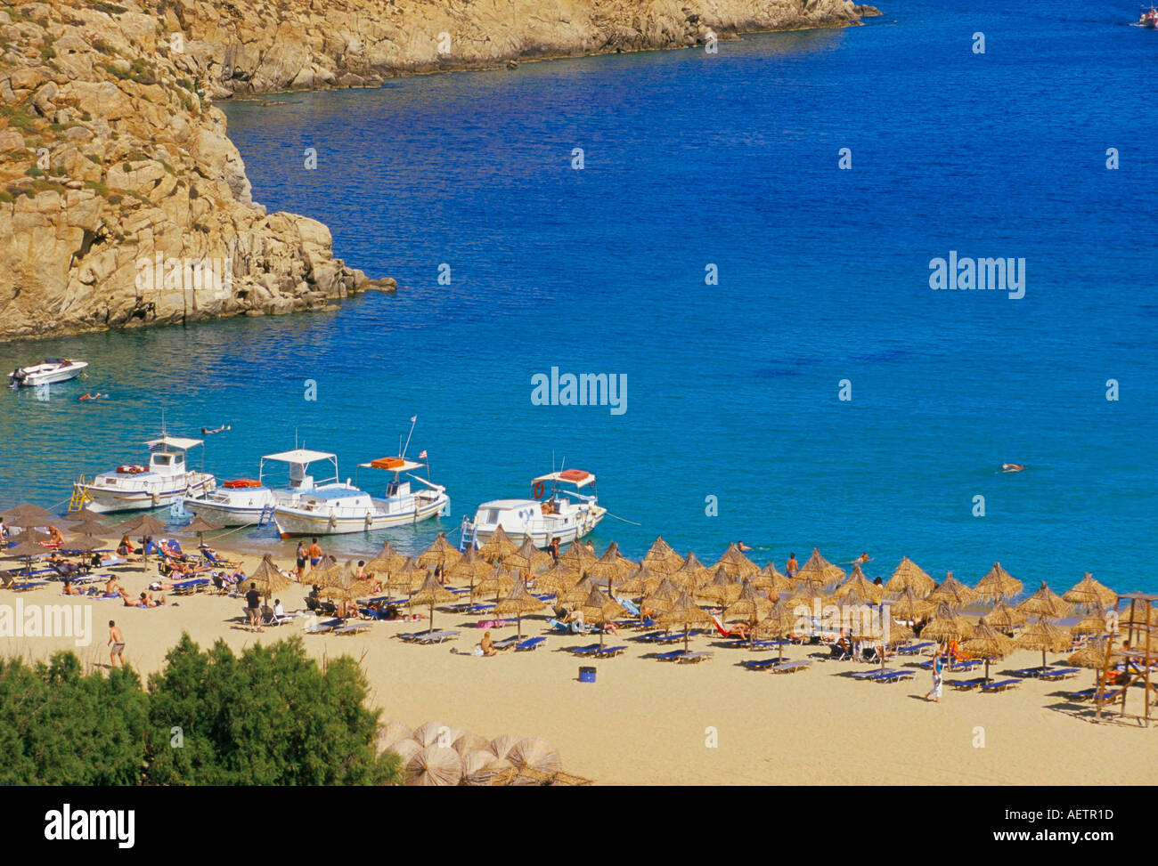 Aerial view of Super Paradise beach Mykonos Cyclades islands Greece Mediterranean Europe Stock Photo
